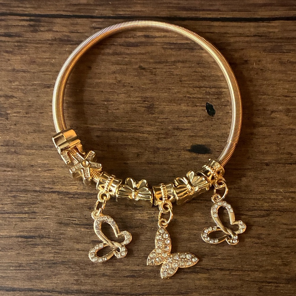 Gold Butterfly Charm Bangle Bracelet - Women Jewelry